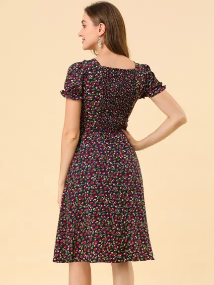 Allegra K- Floral Sweetheart Cherry Print Flare Dress