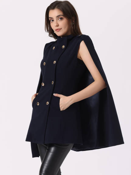 Allegra K - Slit Sleeve Double Breasted Cloak Coat