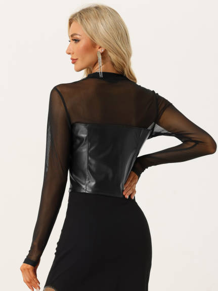 Allegra K- Mock Neck Faux Leather Mesh Sheer Long Sleeve Top