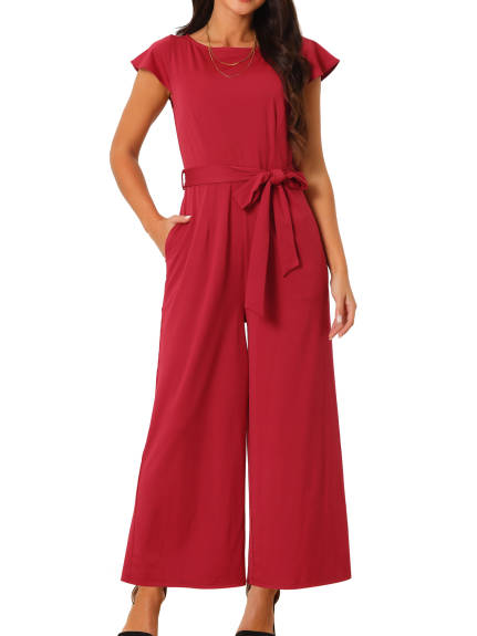 Allegra K - Cap Sleeve Belted High Waist Casual Jumpsuit