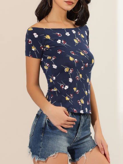 Allegra K- Short Sleeves Off The Shoulder Printed Crop Top