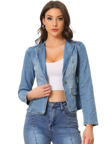 Allegra K- Stretchy Lapel Collar Jean Jackets