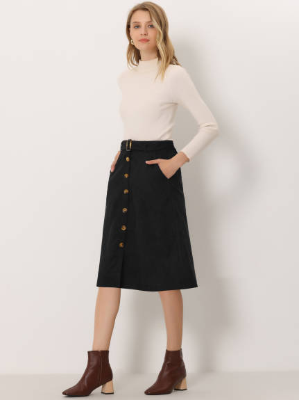 Allegra K - Button Front A-Line Belted Corduroy Skirt