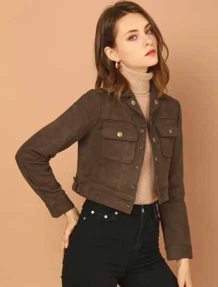 Allegra K- Faux Suede Notched Collar Button Up Cropped Jacket