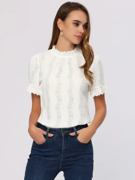 Allegra K- Crochet Mock Neck Puff Sleeve Blouse