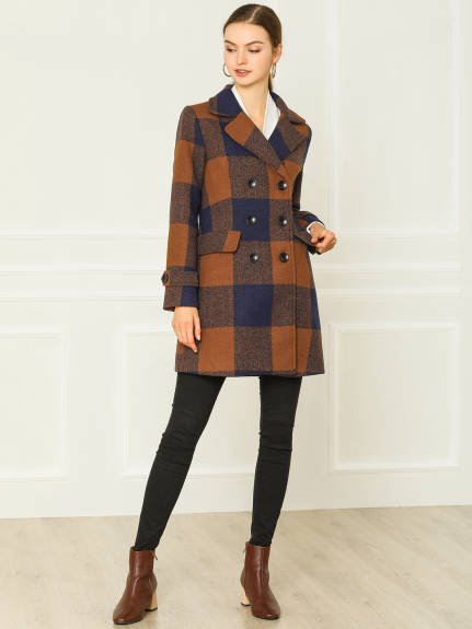 Allegra K- Notched Lapel Double Breasted Plaid Overcoat