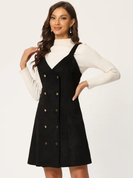 Allegra K- Faux Suede V Neck Button Down Belted Pinafore Overall Dress