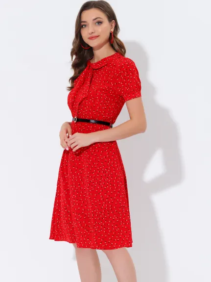 Allegra K- Peter Pan Collar Tie Neck Belted Floral Dress