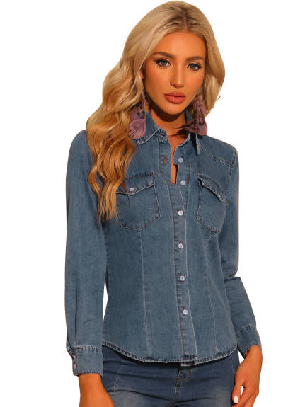 Allegra K - Denim Casual Long Sleeve Shirt