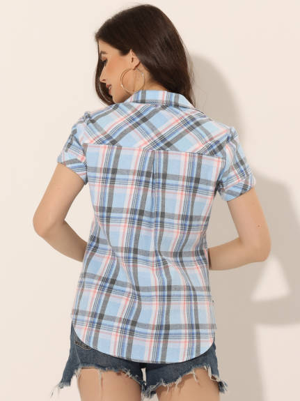 Allegra K- Cotton Short Sleeves Plaid Shirts