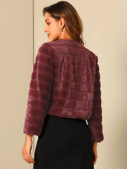 Allegra K- Cropped Collarless Faux Fur Fluffy Coat Jacket