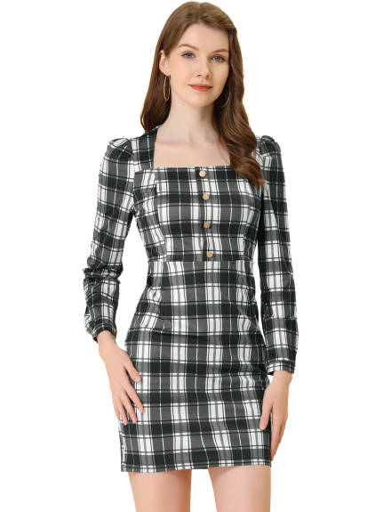 Allegra K- Square Neck Long Puff Sleeve Mini Plaid Dress