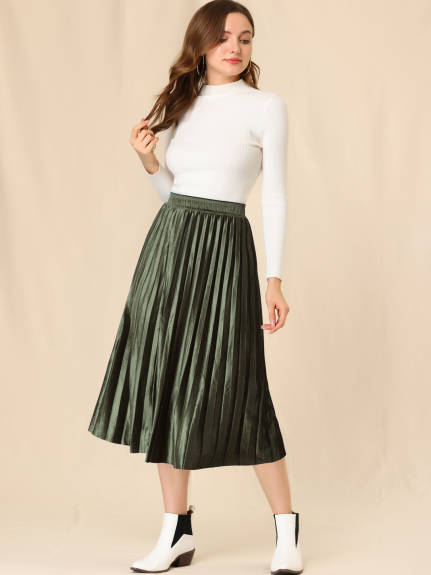 Allegra K - Elastic Waist Midi Accordion Pleated Skirt