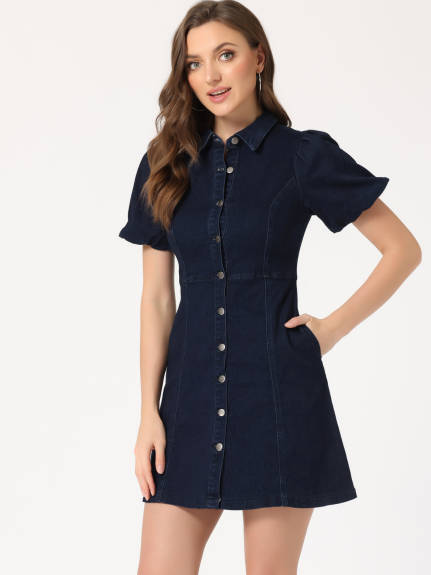 Allegra K- Puff Short Sleeve Button Denim Shirt Dress