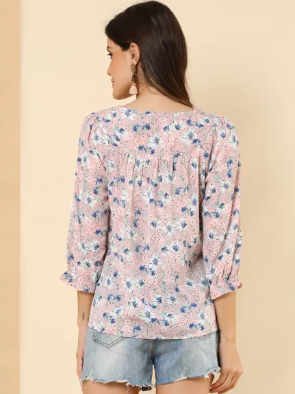 Allegra K- Tie V Neck Ruffled 3/4 Sleeve Floral Blouse