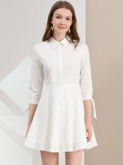 Allegra K- Turn Down Collar Cotton Shirt Dress