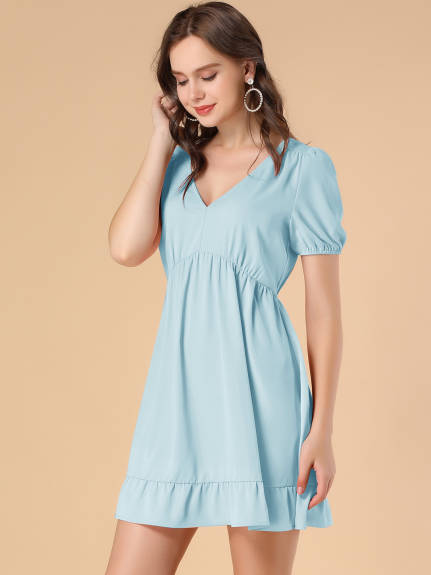 Allegra K- V Neck Short Sleeve Ruffle Hem Babydoll Dress