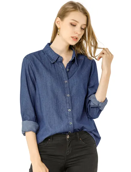 Allegra K- Chemise en jean boutonnée à manches longues