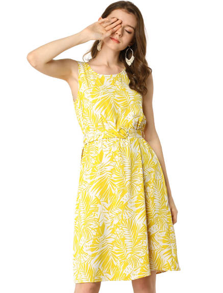 Allegra K- Leaf Pattern Sleeveless Belt Dress