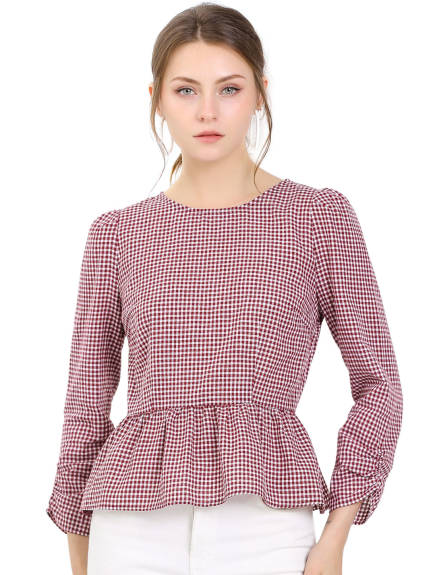 Allegra K - Round Neck Ruched 3/4 Sleeve Plaid Peplum Top