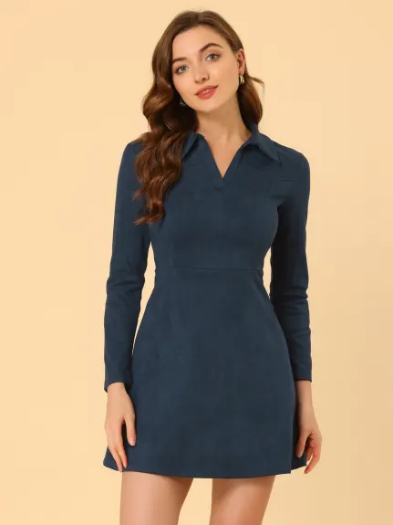 Allegra K- Faux Suede V Neck Long Sleeve A-Line Mini Dress