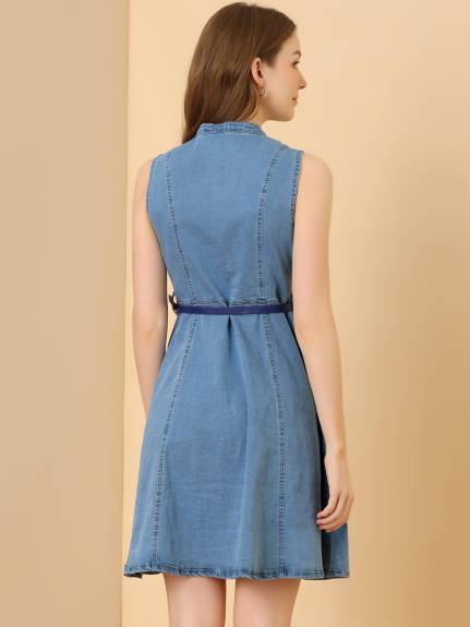 Allegra K- Denim Sleeveless Belted Flare Shirt Dress