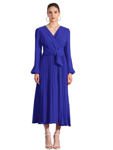 Allegra K - Pleated V-Neck Puff Sleeve Midi Dress