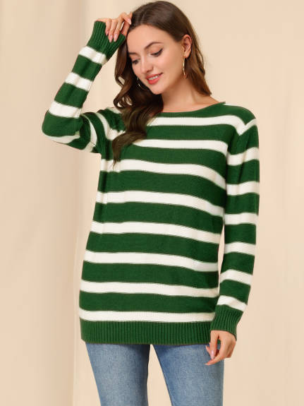 Allegra K- Round Neck Drop Shoulder Loose Striped Tunic Sweater