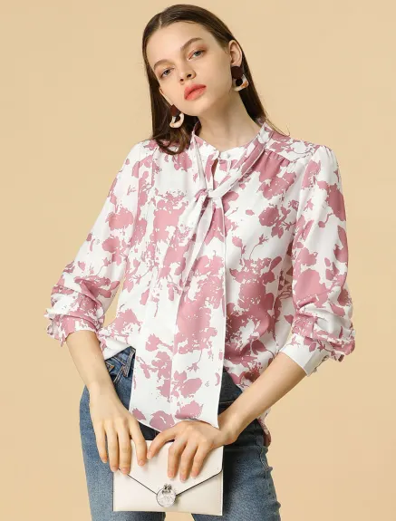 Allegra K- Bow Tie Long Sleeve Contrast Color Floral Blouse