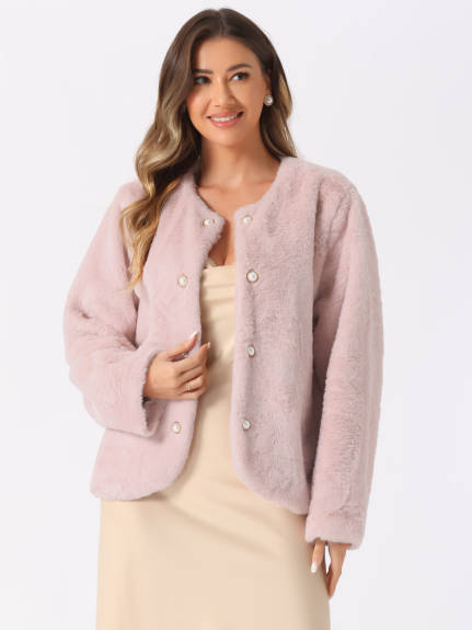 INSPIRE CHIC - Pearl Button Faux Fur Coat Jacket