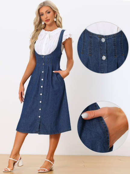 Allegra K - Classic U Neck Denim Suspender Dress