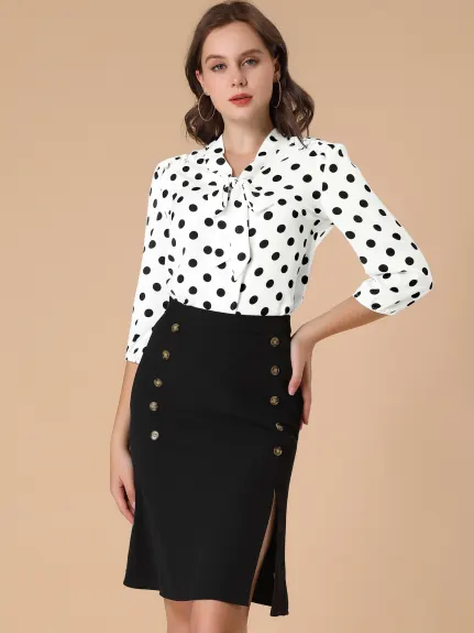 Allegra K- Polka Dots Ruffle Shoulder Bow Tie Neck Blouse