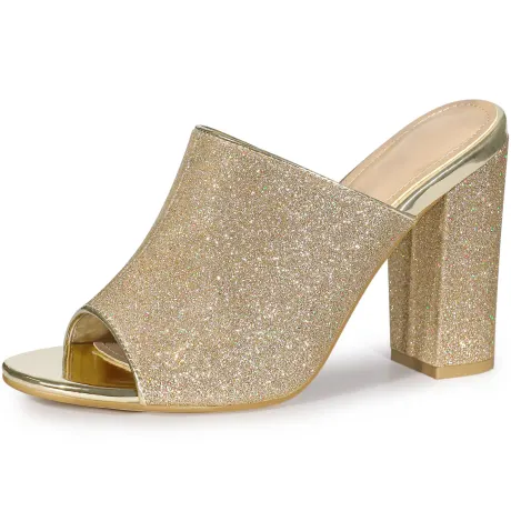 Allegra K- Glitter Slip on Chunky Heel Mule Sandals