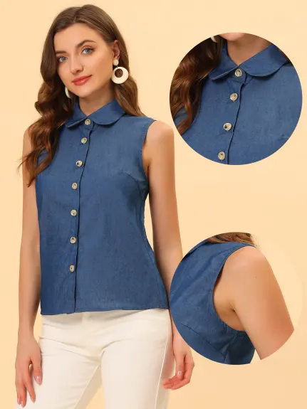 Allegra K - Chambray Button Sleeveless Collar Shirt