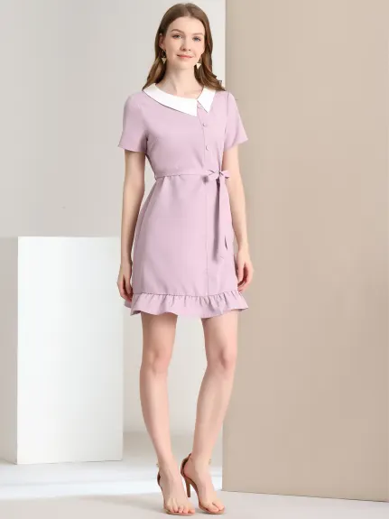 Allegra K- Mini-robe ceinturée à manches courtes et ourlet volanté