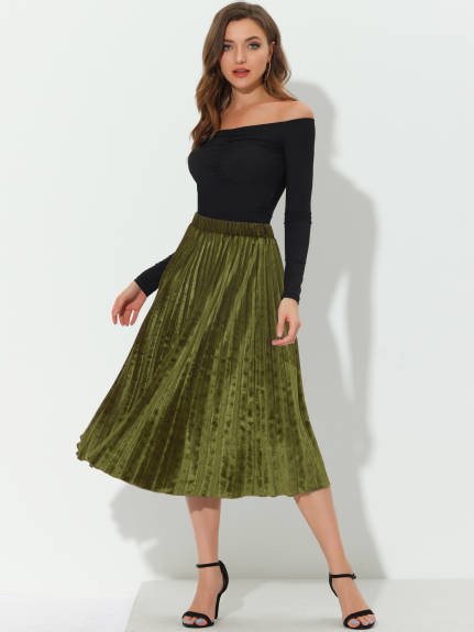 Allegra K- Winter Elastic Waist Velvet Pleated Midi Skirt