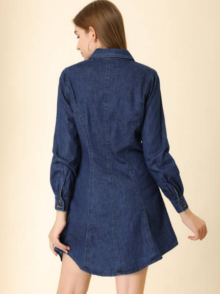 Allegra K- Long Sleeve Curved Hem Denim Shirt dress