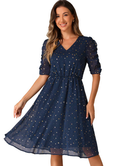 Allegra K - Stars Printed Ruched Sleeve A-line Dress