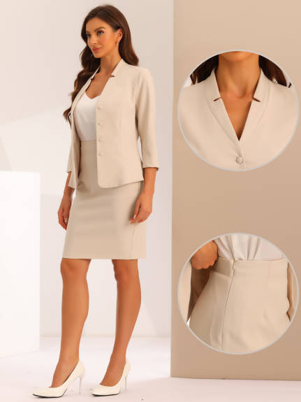 Allegra K - Notched Collar Blazer Midi Pencil Skirt Suit