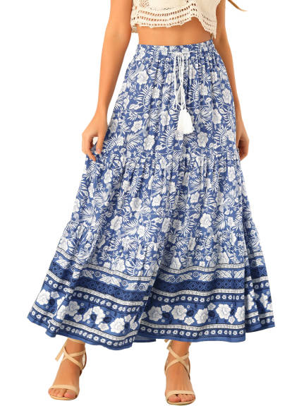 Allegra K- Boho Floral Elastic Waist Maxi Skirt