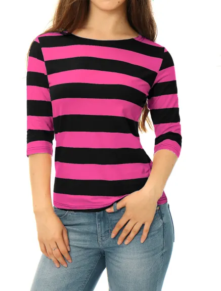 Allegra K- Boat Neck Elbow Sleeve Slim Fit Stripe T-Shirt