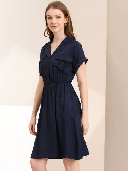 Allegra K- Notched Lapel V-Neck A-Line Shirt Dress