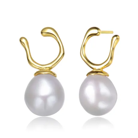 Sterling Silver 14k Gold Plated with Genuine Freshwater Pearl Hook Earrings