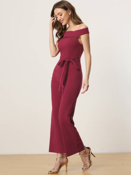 Allegra K - Elegant Off-Shoulder Belted Long Jumpsuit