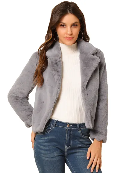 Allegra K- Notch Lapel Faux Fur Fluffy Cropped Coat