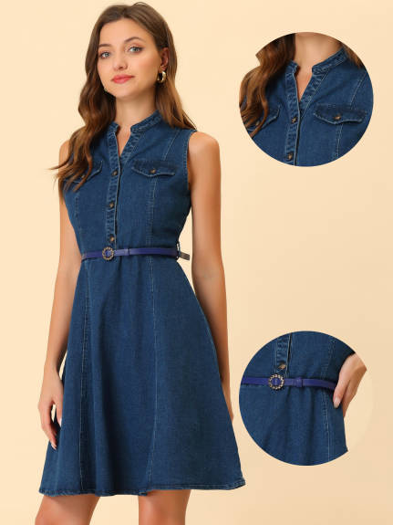 Allegra K- Denim Sleeveless Belted Flare Shirt Dress