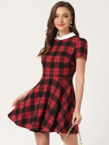 Allegra K- Peter Pan Collar Puff Sleeves Above Knee Plaid Grid Dress