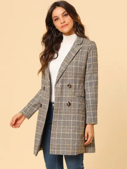 Allegra K- Notched Lapel Double Breasted Plaid Blazer