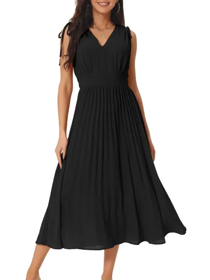 Allegra K - Sleeveless High Waist V Neck Pleated Dress