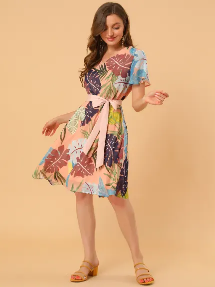 Allegra K- Leaf Prints V-Neck Belted Chiffon Dress